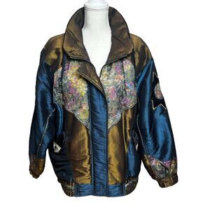 VTG 90's Braetan Patchwork Floral Ski Jacket SZ Large Metallic Turquoise Brown